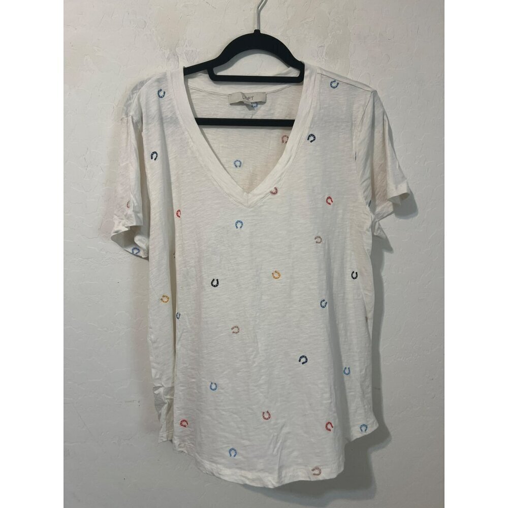 Loft Sz L Horseshoe Motif Embroidered V Neck T Shirt Multicolor Embroidery
